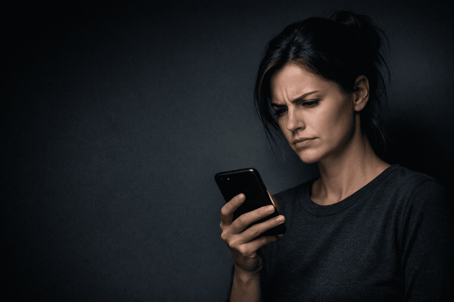 Person looking frustrated at their smartphone, conveying impatience with being asked for personal details