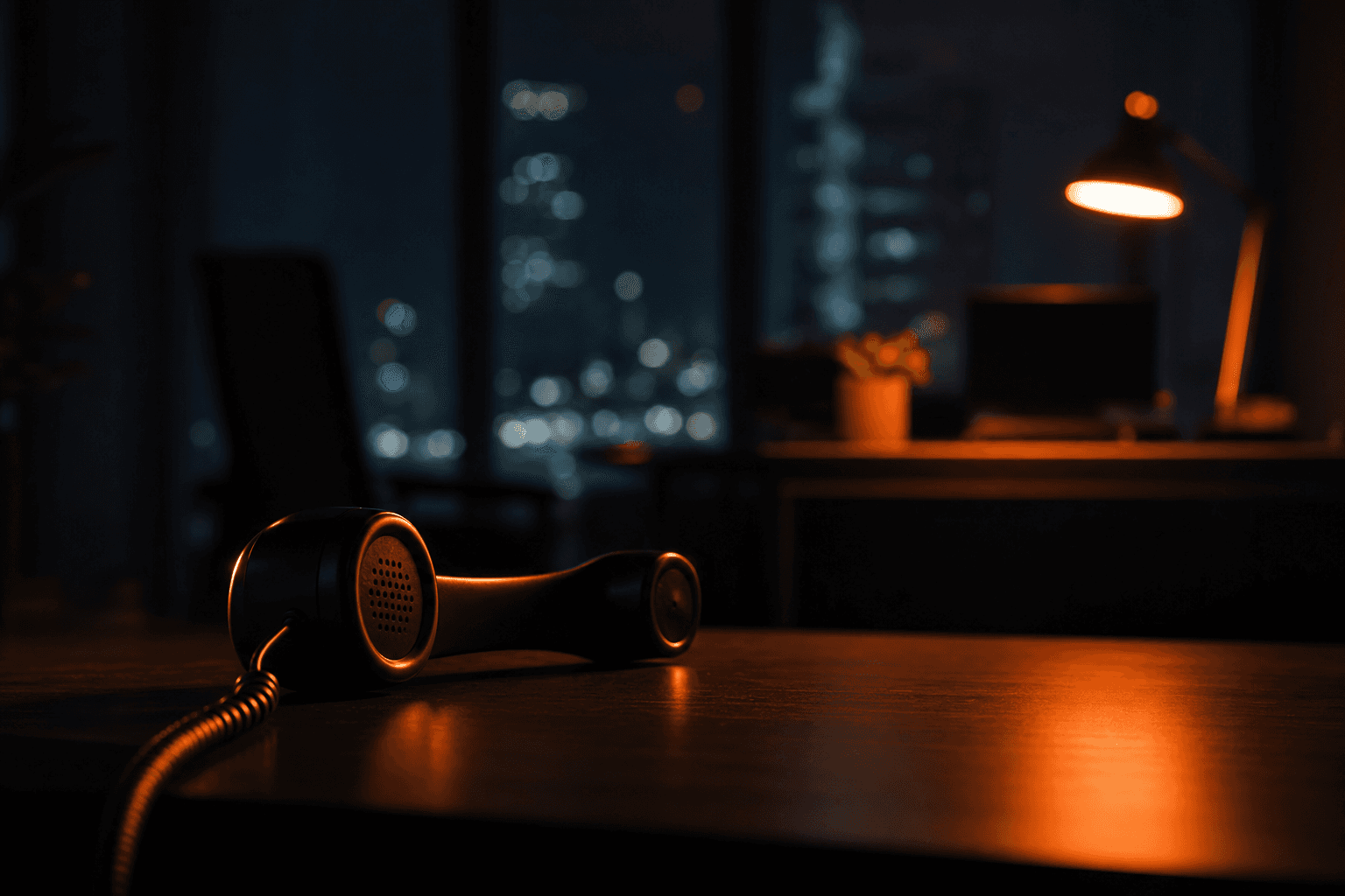 A single corded telephone receiver resting on a dark desk in an empty office at night, representing missed after-hours leads