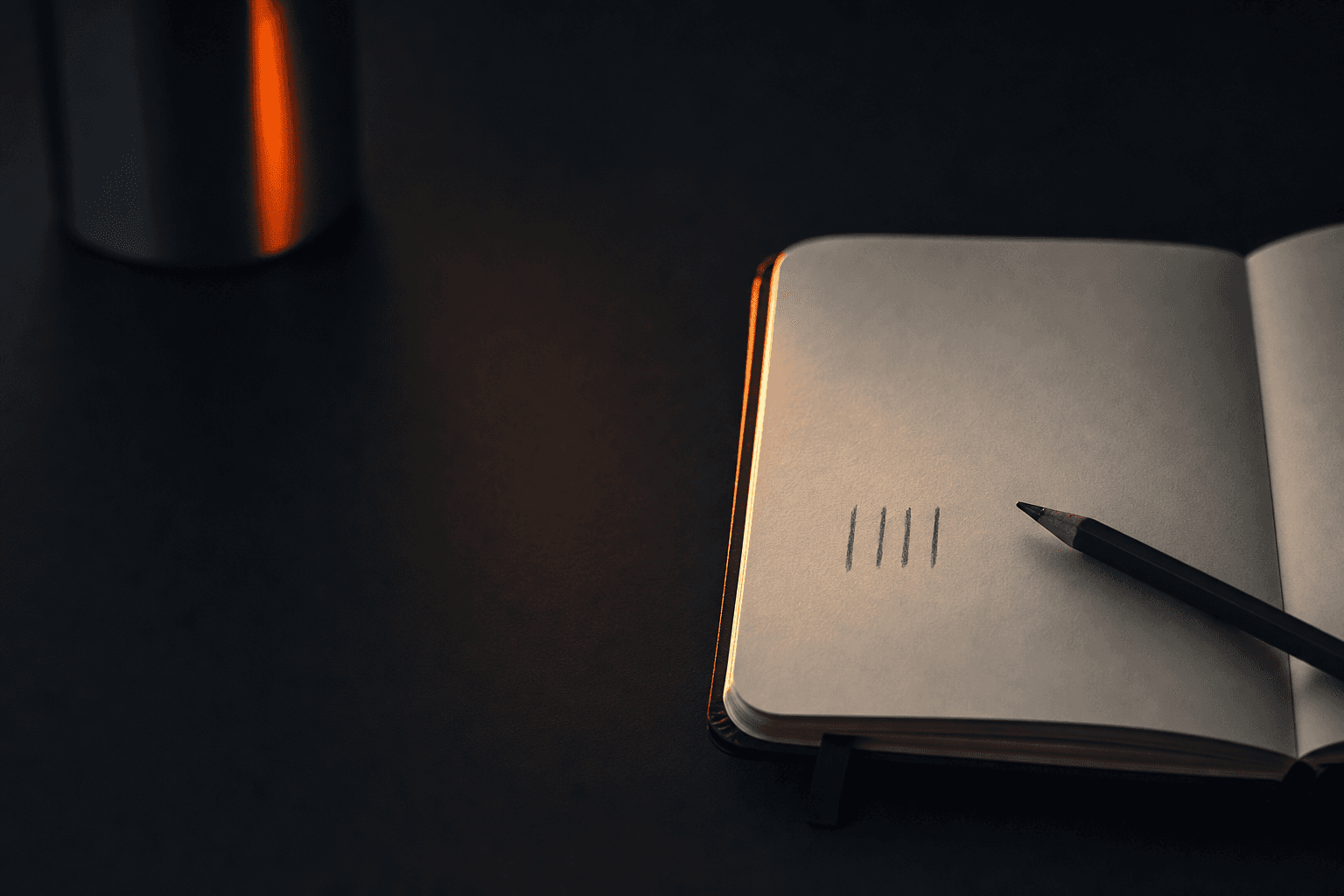 Editorial still-life of an open notebook with four pencilled tally marks, representing a minimal four-question chatbot qualifying flow