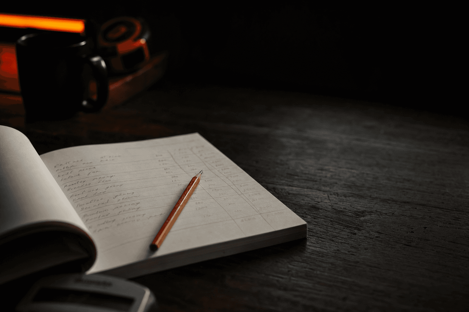 Editorial photograph of an open notebook with a pencil resting on a half-filled estimate sheet, lit by soft directional light