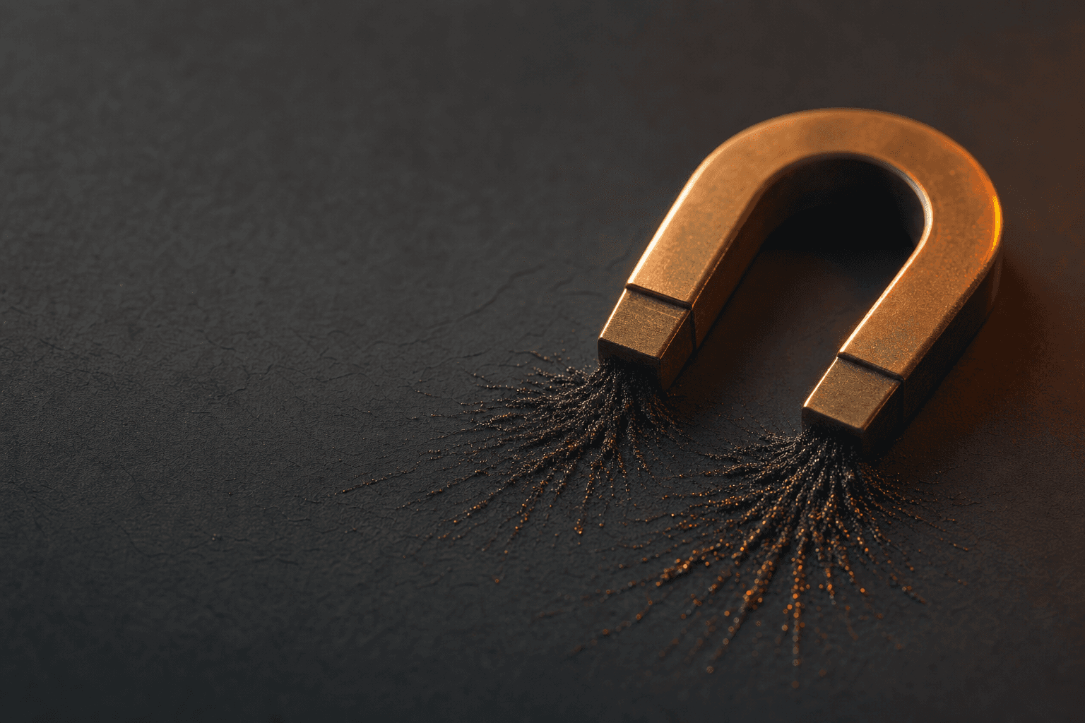 Editorial still-life of a brass magnet attracting metal filings on a dark desk, representing a lead-generation chatbot pulling qualified leads in
