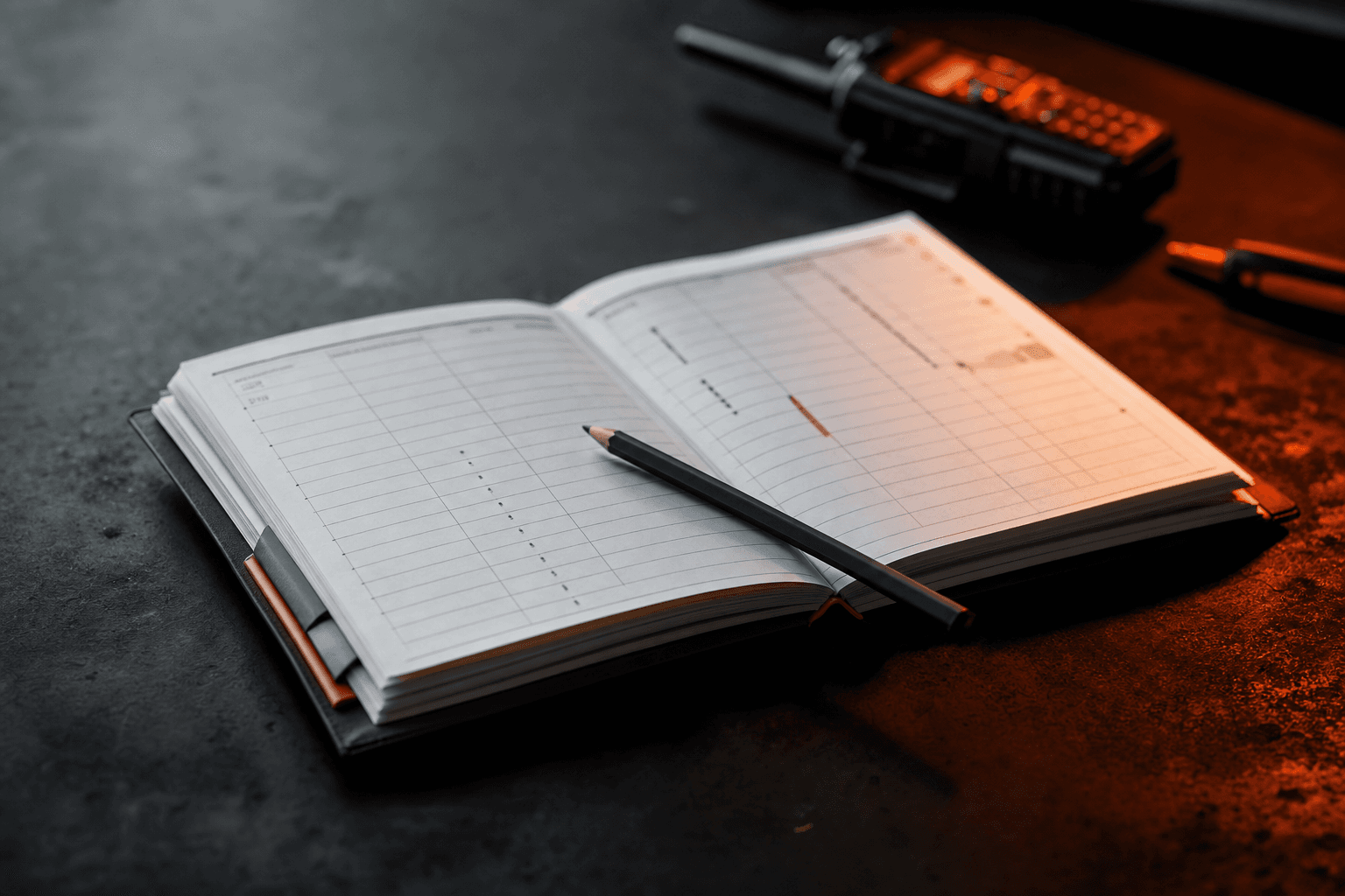 An open paper appointment diary with a pencil resting across a half-filled day grid on a tradesperson's workbench, representing how AI booking fills a service business calendar