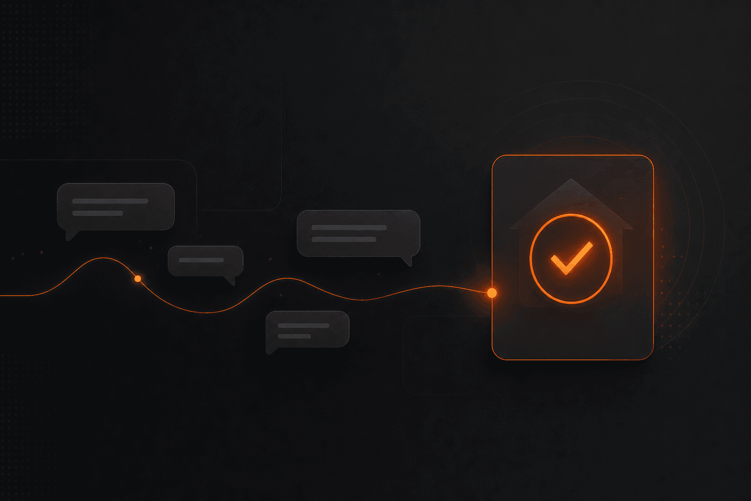 Dark editorial illustration of chat message shapes resolving into a booking confirmation, representing conversational marketing for service businesses