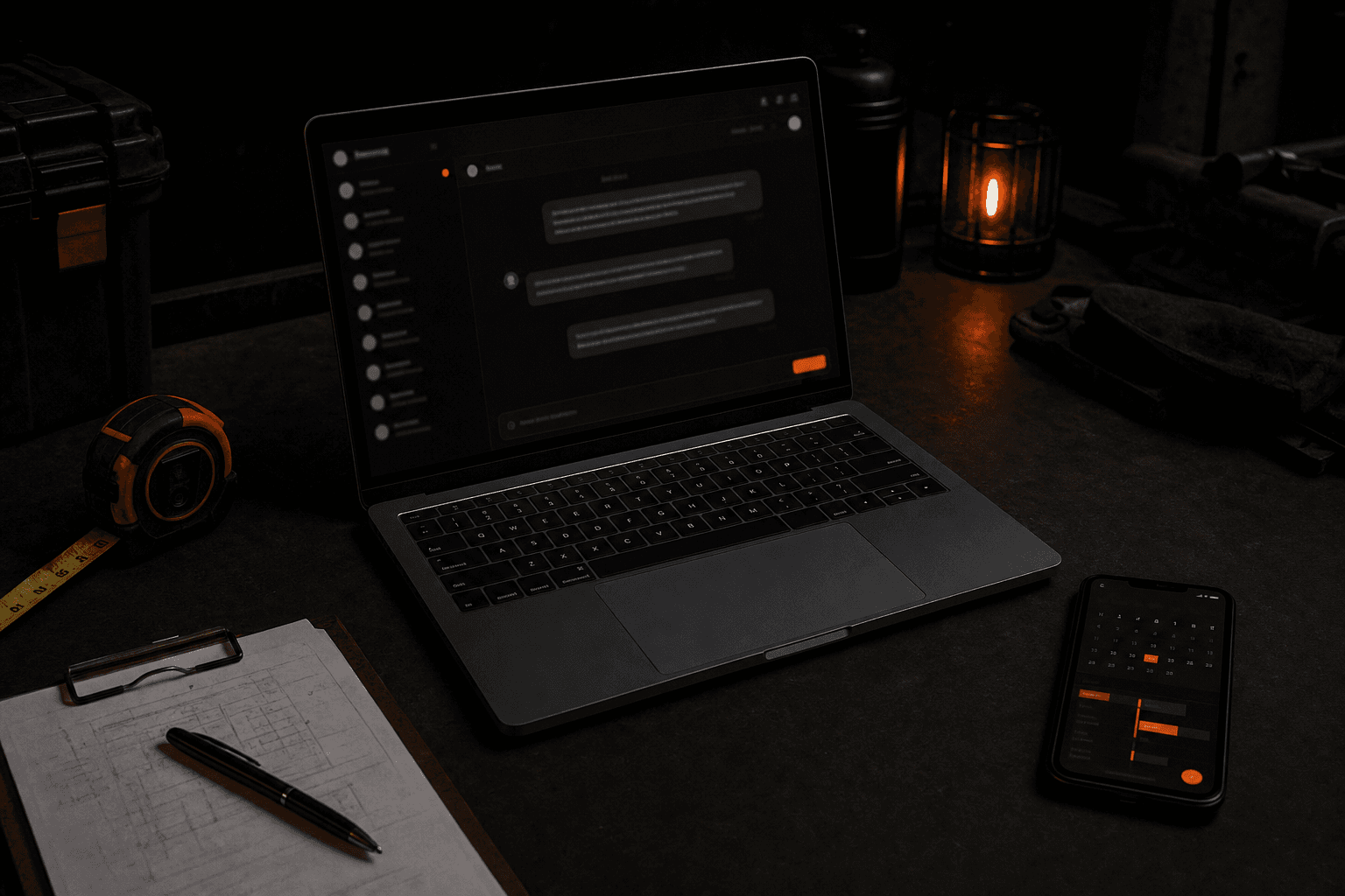 Laptop showing a website chat conversation on a workbench beside job notes, a tape measure and a phone showing a booking calendar