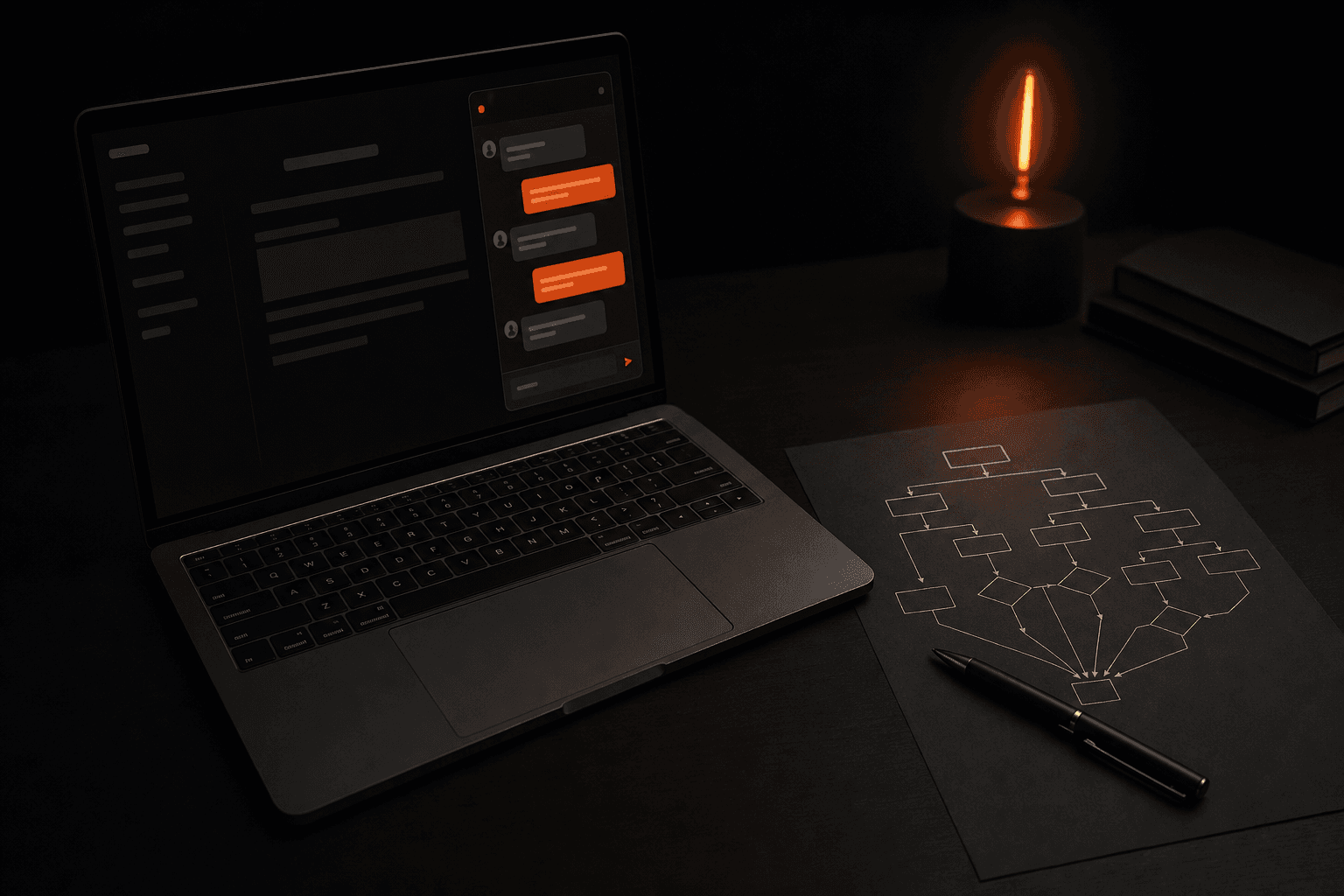 A laptop showing an open website chat widget next to a printed branching decision-tree diagram on a desk