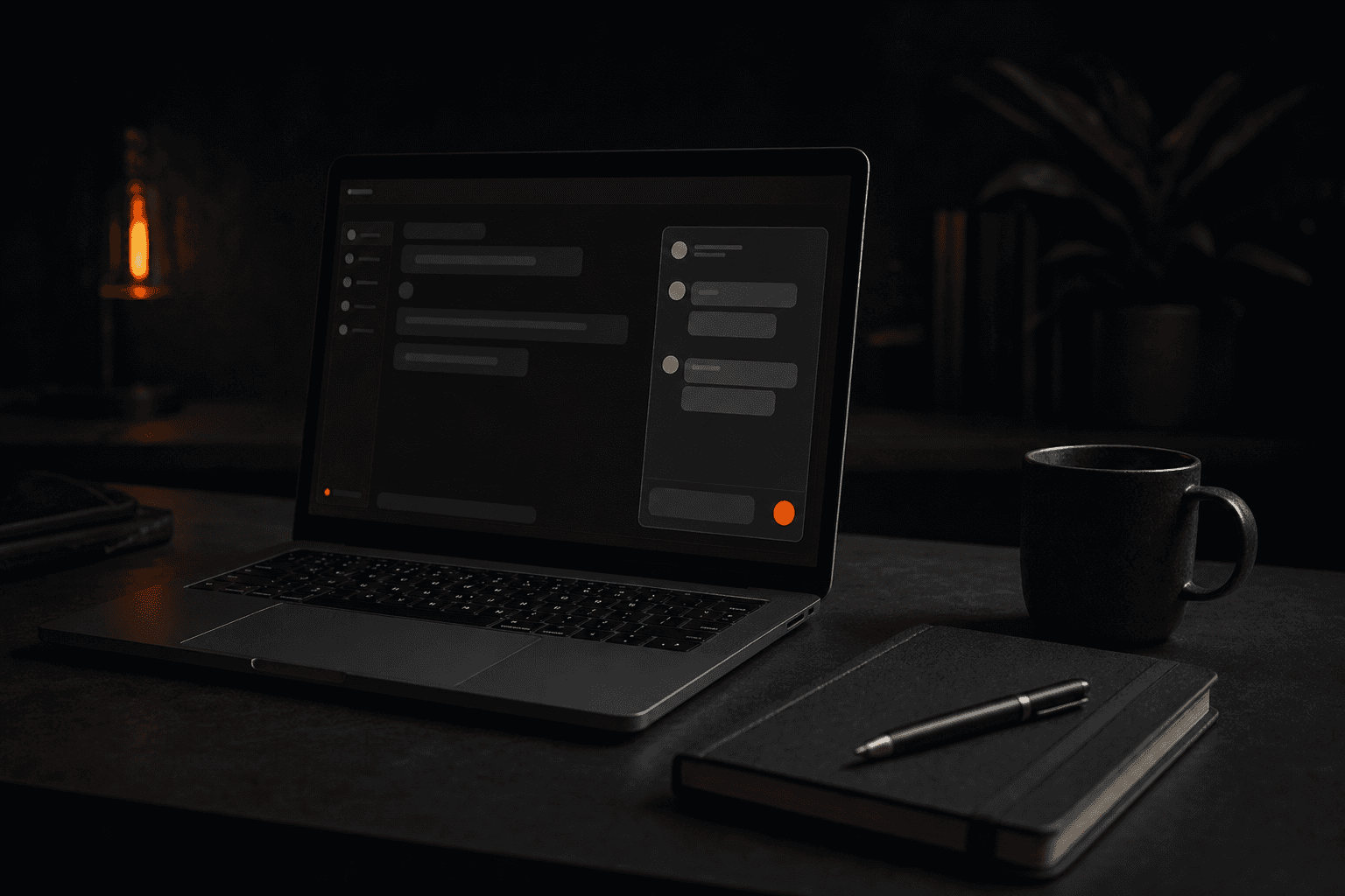 A laptop on a business owner's desk showing a website chat window, beside a paper diary and a mug