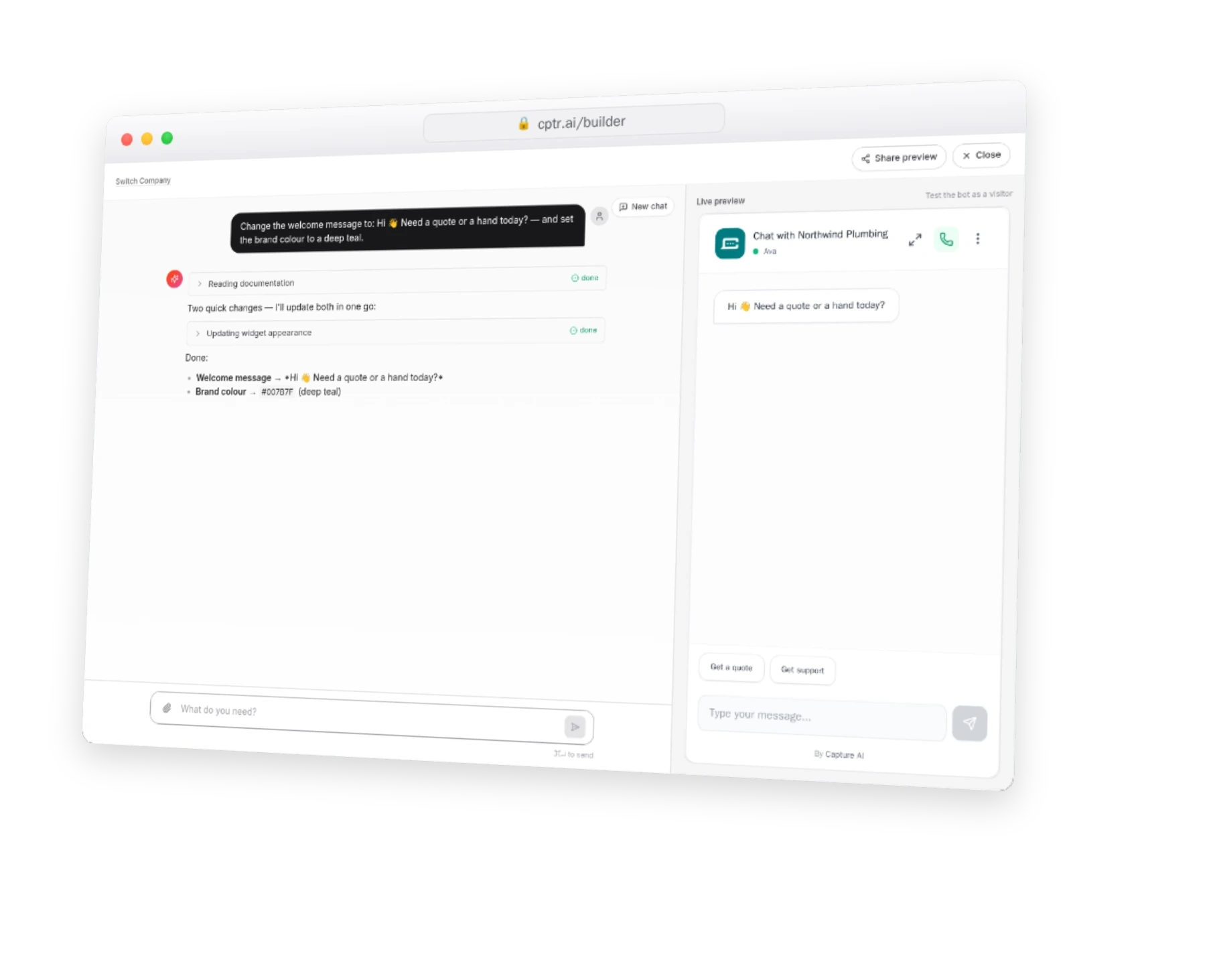 The Capture AI builder open in a browser: an AI agent on the left has just changed the welcome message and set a deep-teal brand colour, with the live chatbot preview on the right already showing the new teal branding.