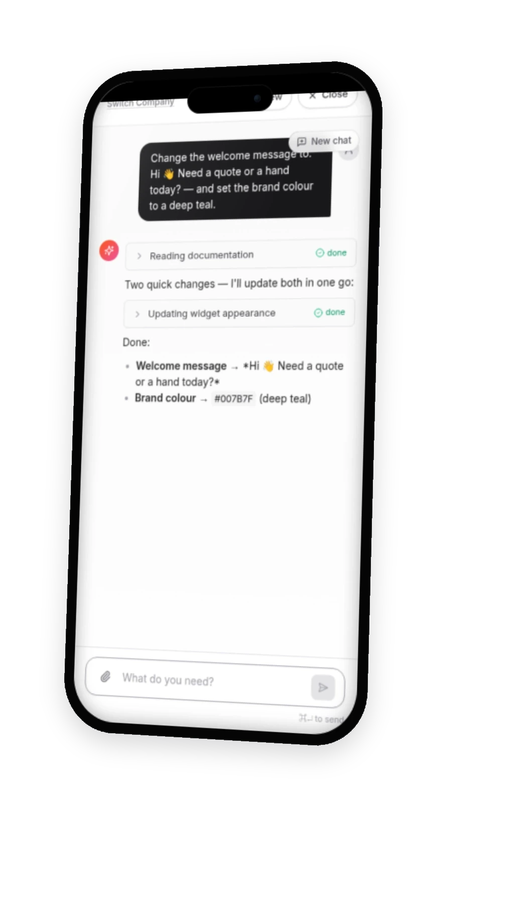 The same AI builder on a phone, showing the agent confirming it updated the welcome message and brand colour.